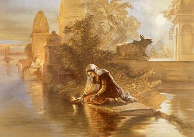 Indian Woman Floating Lamps on the Ganges, from 